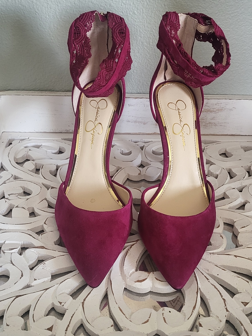 Jessica Simpson Burgundy Pointed-Toe Ankle-Strap Pumps